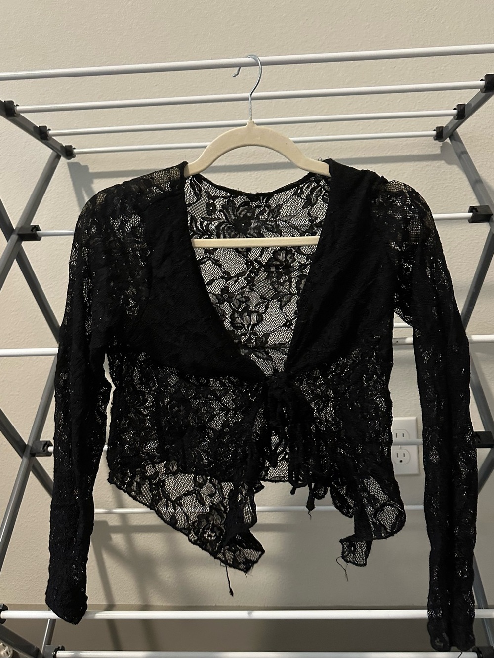 Thrifted Black Lace Tie-Front Women's Top